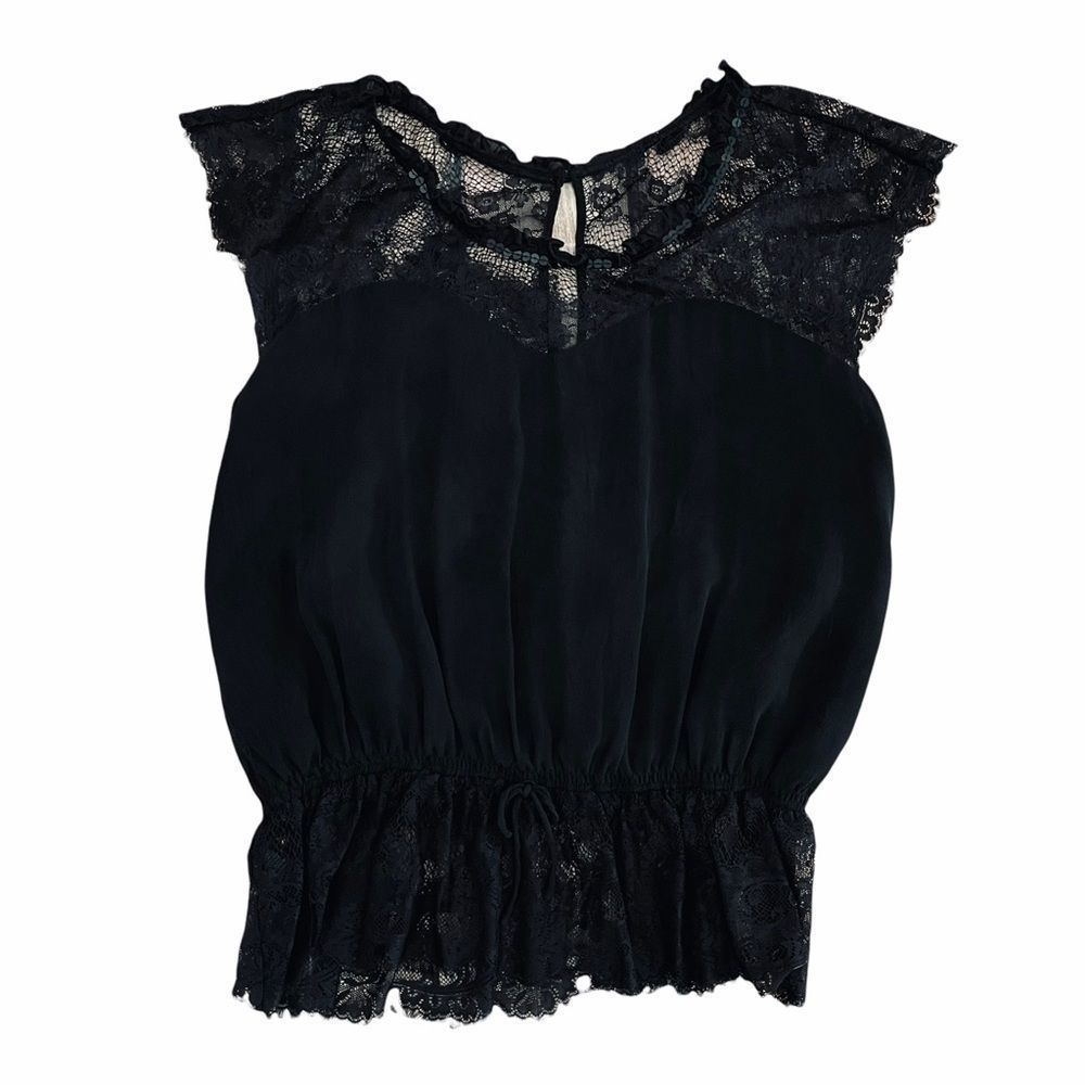 Express Black Lace Peplum Silk Blouse Sequins M - Picture 9 of 15